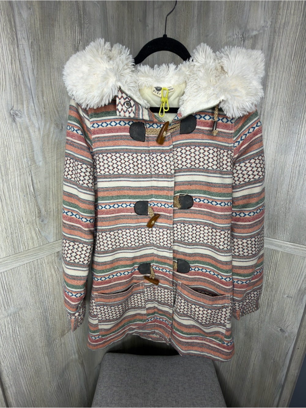 Roxy Aztec Print Faux Fur Hooded Jacket